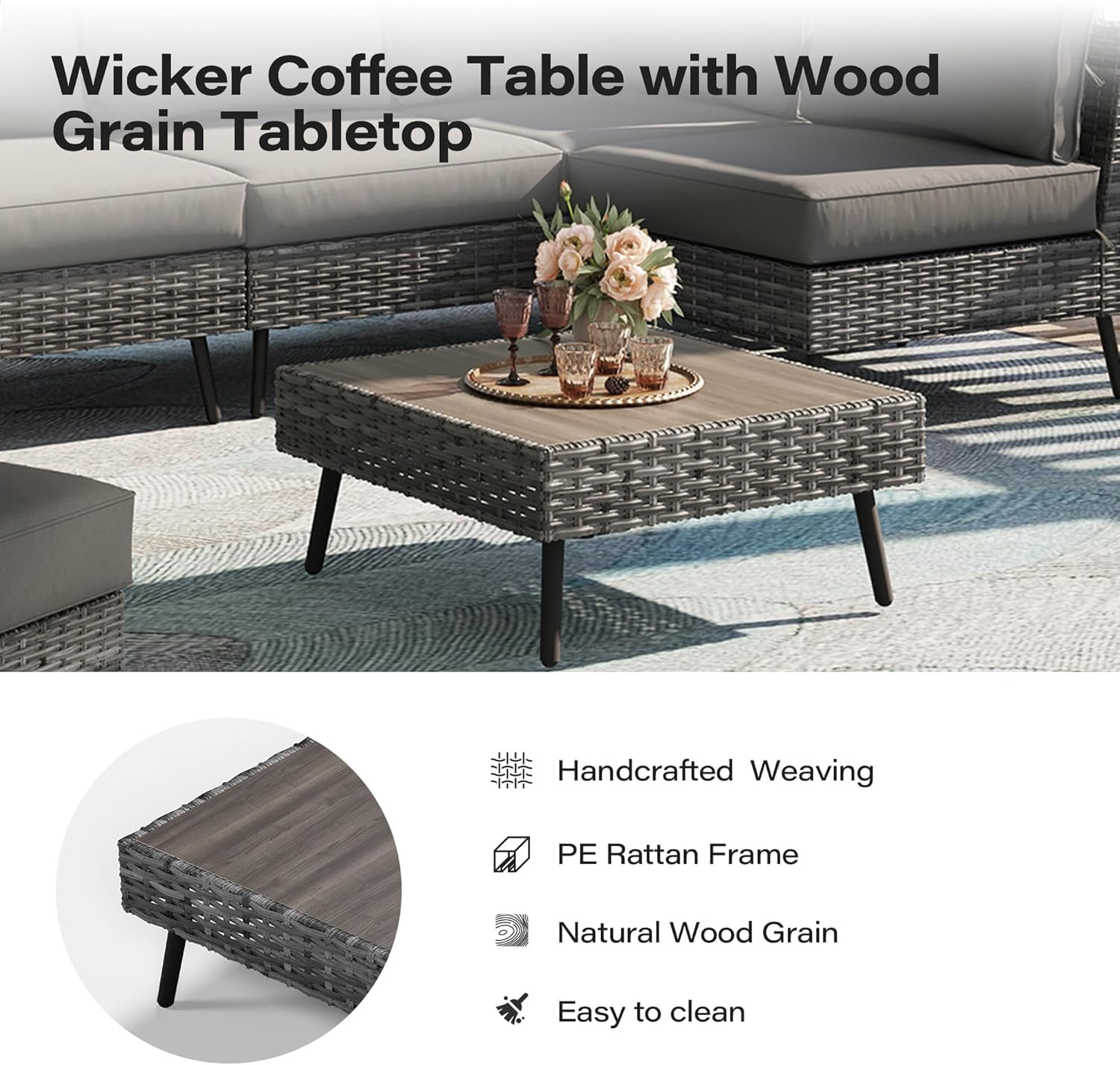 KAMEROUT 7 Pieces Outdoor Furniture Set, Patio Rattan Sectional Conversation Set with 6 Chairs and 1 Coffee Table, Gray Cushions