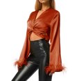 thumbnail image 2 of KOMOO Women Tie Front Blouse Feather Long Sleeve Ruffle Drawstring Cardigan Crop Top Satin Shirt Tops, 2 of 10