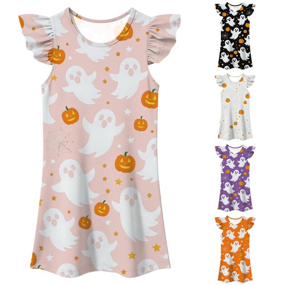 Dresses for Girl Cute Ghost Pumpkin Print Flutter Sleeve Crew Neck Shift Dress for Halloween Party Toddler Casual Boho Sundress