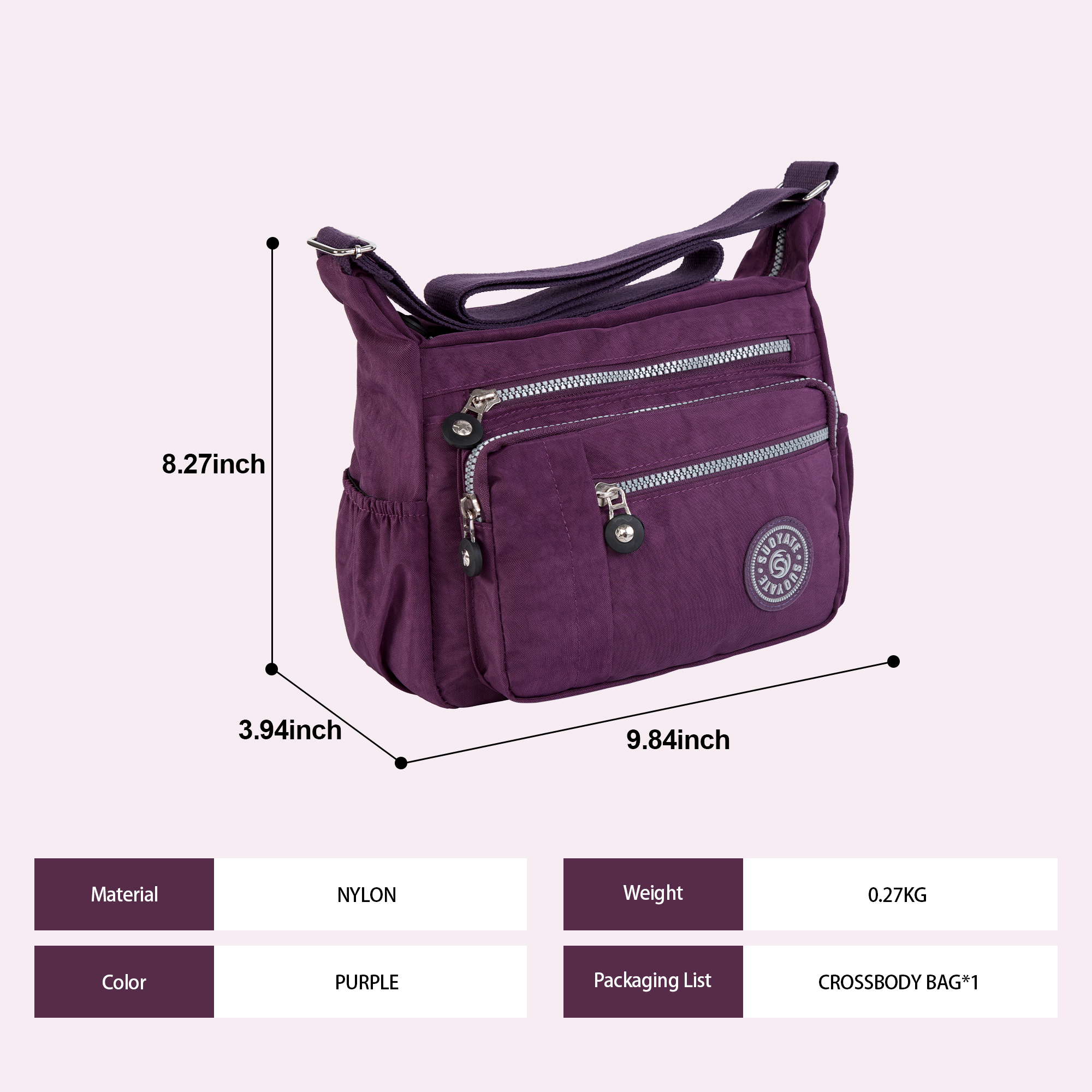 Vbiger Women's Purple Nylon Crossbody Bag with Multiple Pockets photo 6