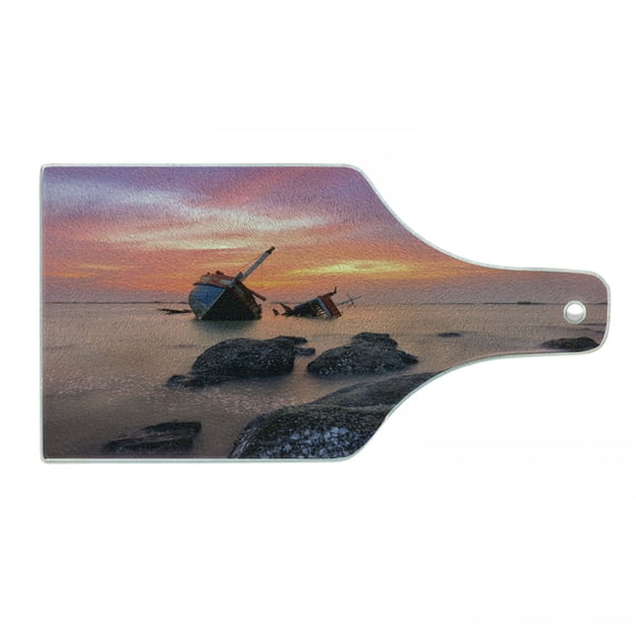 Shipwreck Cutting Board, Sunken Aground Boat Vessel in Foggy Water Before Exquisite Sky at Sunset Image, Tempered Glass Cutting and Serving Board, Wine Bottle Shape, Orange Grey, by Ambesonne