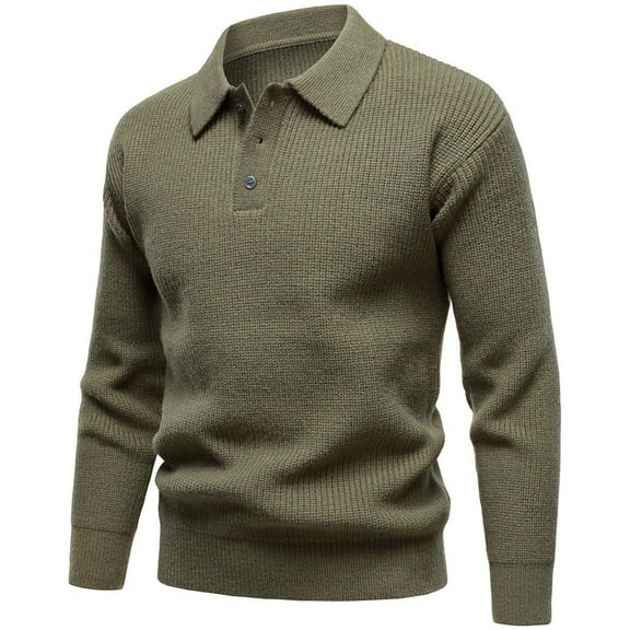 Dolkfu Button Sweater Men Solid Green Classic Fit Sweater Mens Stretch Lapel Long Sleeve Pullover L