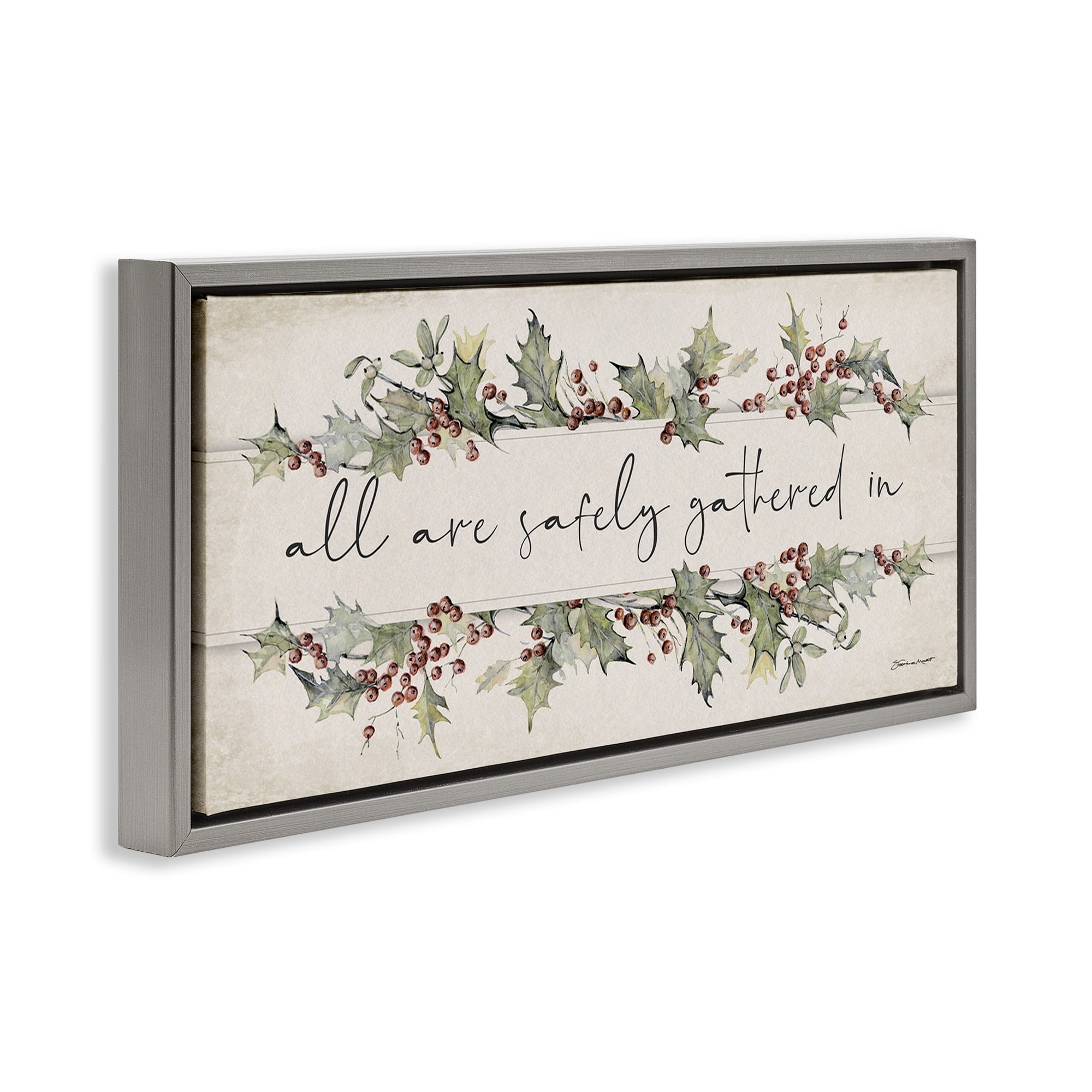 Stupell Industries All Safely Gathered Phrase Holiday Painting Gray Floater Framed Canvas Art Print Wall Art, 31 x 14