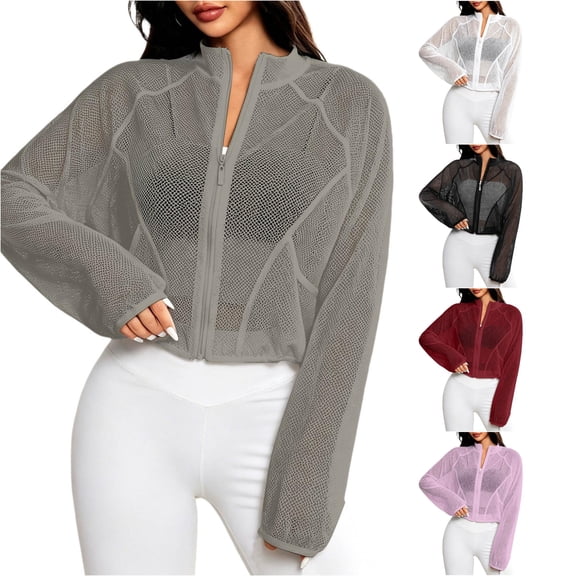 Jane Wardrobe Sheer Mesh Cropped Yoga Jacket for Women, Stand Collar Full Zip Closure, Lightweight Breathable Casual Athletic Cover Up, 1 Piece, S-XL