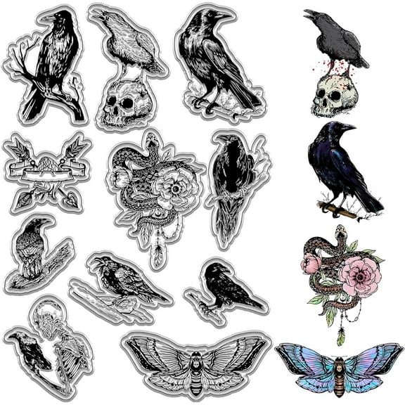 Crow Clear Stamps Skull Pumpkin Skeleton Moths Snake Flowers Halloween Raven Transparent Silicone Stamp Seals for DIY Scrapbooking Handmade Photo Album Journaling Card Making Notebook Decor for DIY