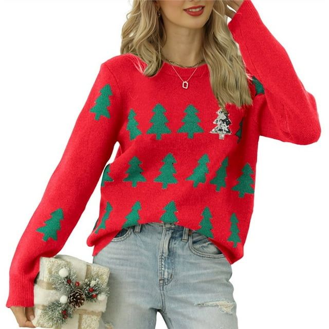 Suéter Navideño Divertido y Feo para Mujer, Suéter de Punto de Larga con Diseño de , Árbol y de Nieve Rojo M