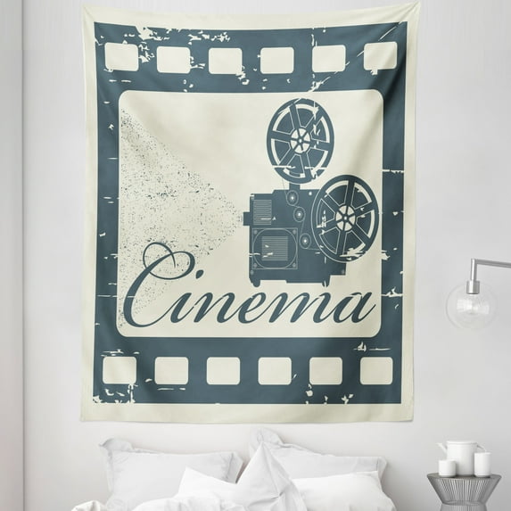 Movie Theater Tapestry, Grunge Poster Design with Strip Frame Cinema Lettering and Projection, Fabric Wall Hanging Decor for Bedroom Living Room Dorm, 5 Sizes, Slate Blue Beige, by Ambesonne
