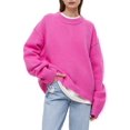 thumbnail image 2 of Women'S Sweater Crew Neck Long Sleeve Pullover Loose Fit Soft Knit Ribbed Hem Fall Winter Outfit Rose Red One size, 2 of 9