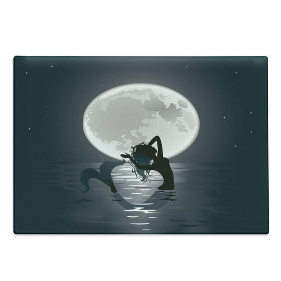 Underwater Cutting Board, Mermaid Singing at Night Silhouette Full Moon Rays Mythical Ornament Art Print, Decorative Tempered Glass Cutting and Serving Board, Large Size, Black Grey, by Ambesonne
