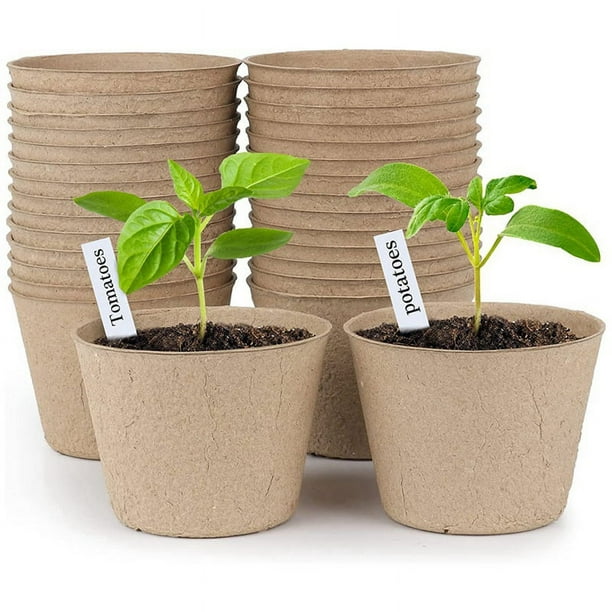 Macetas de Turba, 30 Macetas de Inicio de Semillas de 3 Pulgadas, Maceta Redonda para Vivero, Macetas Biodegradables con 20 Etiquetas de Plantas Adicionales