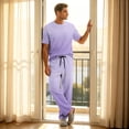 thumbnail image 6 of Dwelliawo Men Oversize Tall Pajama Set Soft Modal Crewneck Short Sleeve Sleepwear 2 Piece Loungewear Outfit T-Shirt And Long Pants With Pockets For Lounging At Home Purple S, 6 of 9