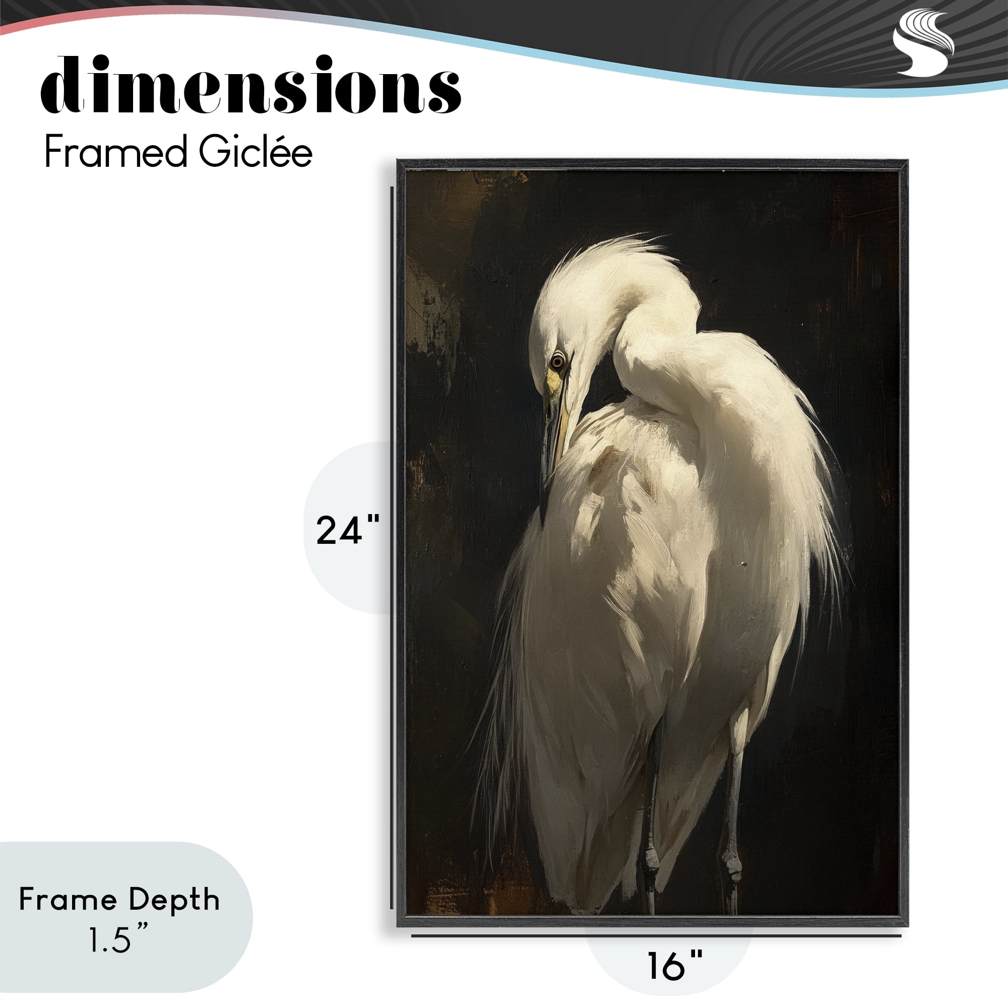Stupell Industries Feathered Egret in Soft Light Black Framed Giclee Art, design by Petal Prints Design