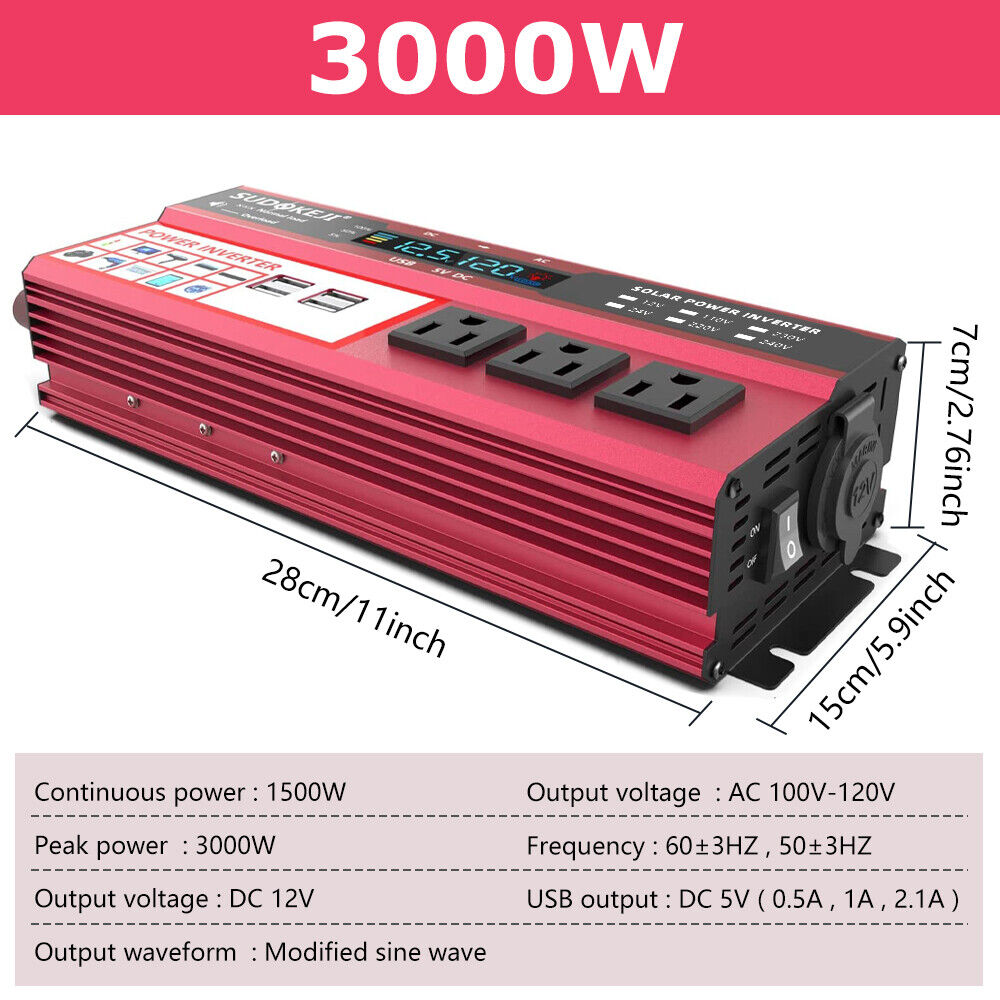 MDHAND 1000W/3000W/4000W Car Power Inverter DC 12V to AC 110V 120V Converter 4USB off Grid Boat LCD