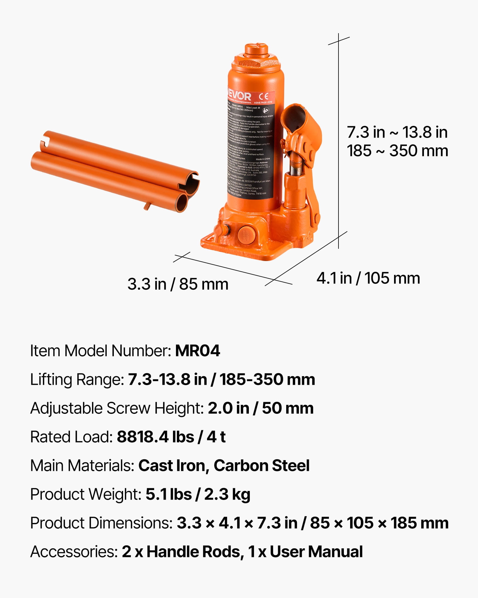 VEVOR Hydraulic Bottle Jack, 4 Ton (8818.4 lbs) Capacity, 7.3-13.8 Inch Lifting Range, Heavy Duty Welded Bottle Jack for Car, SUV, Pickup, Auto Repair, House Lift and Agricultural Equipment, Orange