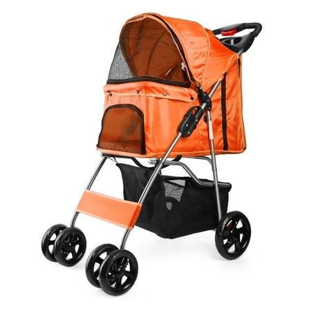 Pet Stroller Orange Dog Cat Small Animals Carrier Cage 4 Wheels Folding Flexible Easy Walk for 