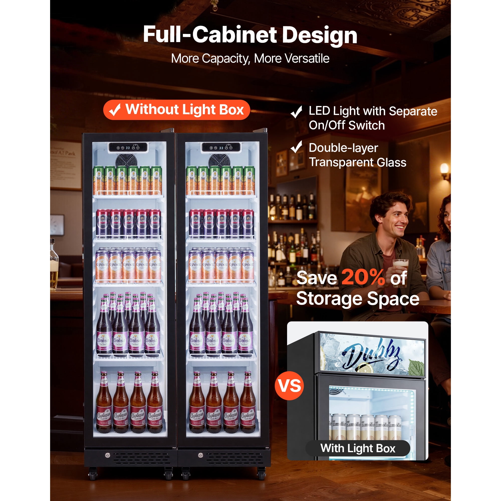 KFFKFF Commercial Glass Door Refrigerator, 6.9 Cu.Ft / 195L Upright Beverage Cooler with Adjustable Shelves, LED Lighting & Casters for Home, Shops, and Bars