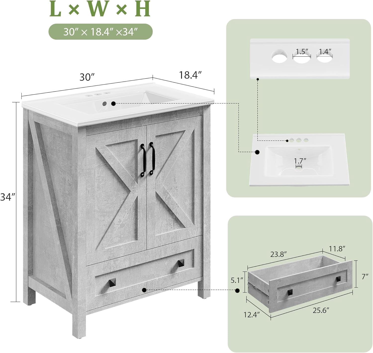 30" Modern Bathroom Vanity with Ceramic Basin,Undermount Vanity Sink Cabinet 2 Doors and 1 Storage Drawer, Freestanding Bathroom Storage Cabinet,Waterproof Material