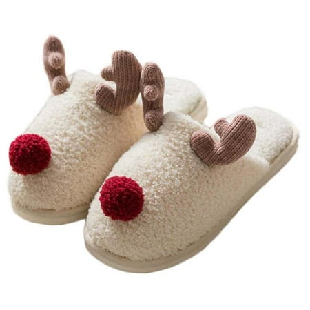 

Panda Superstore PL-CLO15342831-DORIS02683-RP Christmas Cute Elk Plush Winter Warm Slippers Beige