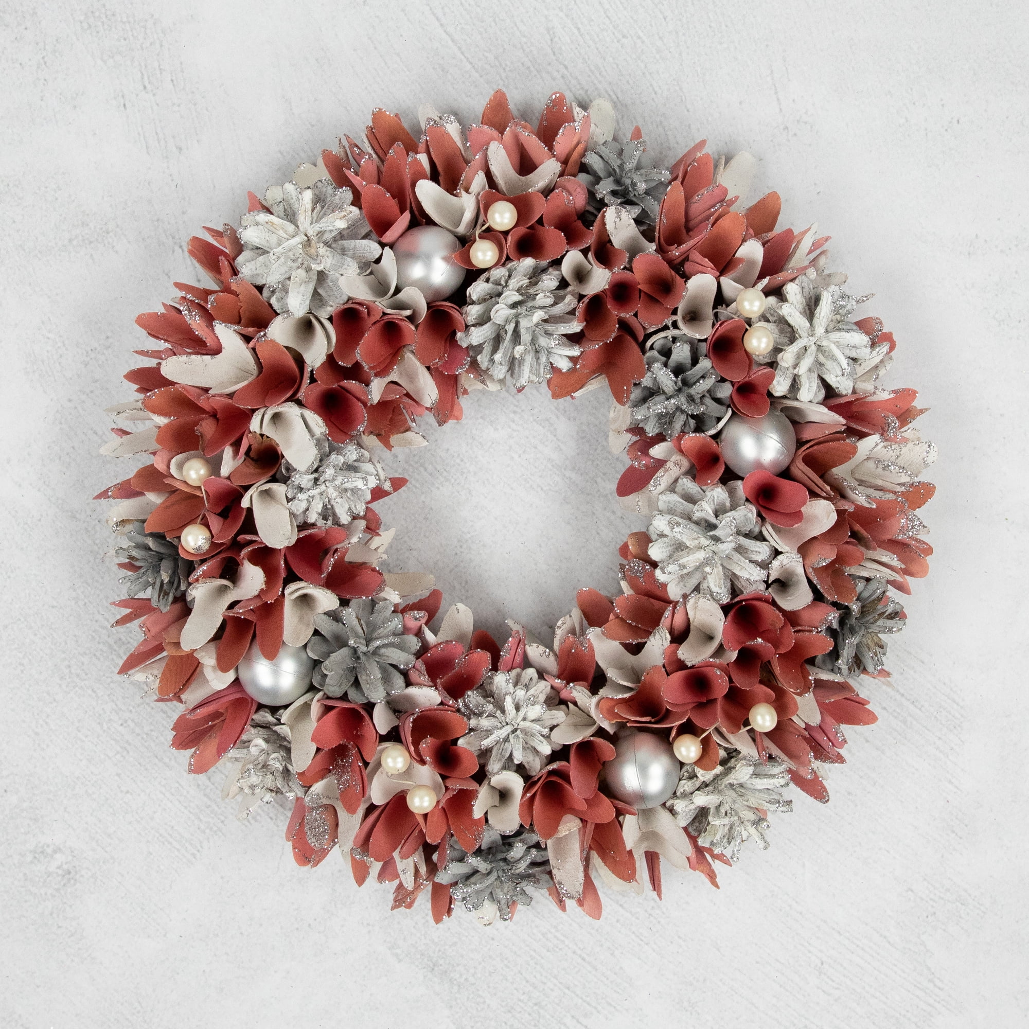 Northlight 13" Pink and White Wooden Floral Christmas Wreath with Pinecones