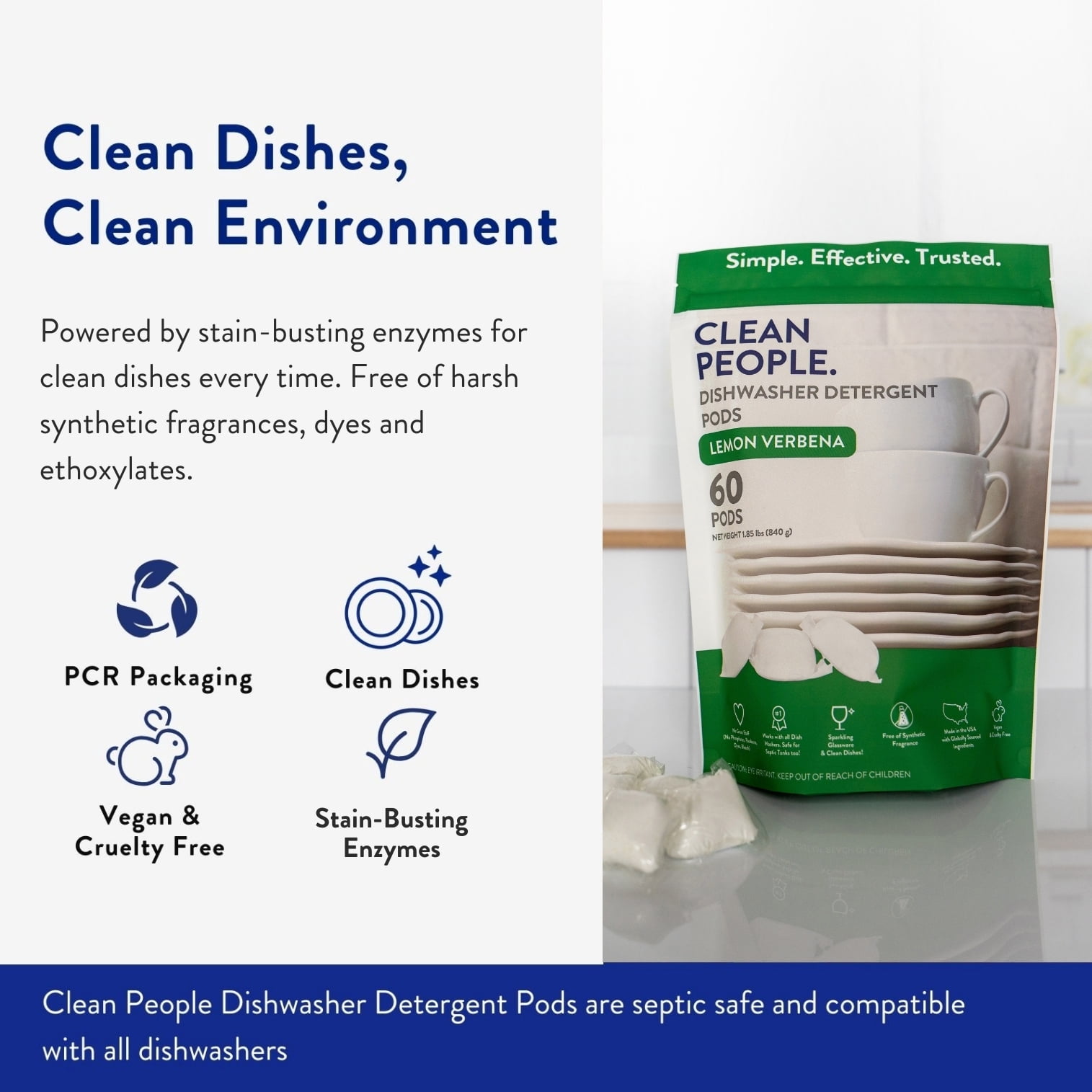 Clean People Dishwasher Detergent Pods - Lemon, 60 Pack - No Residue, Sparkling Clean