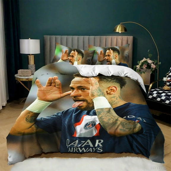 Soccer Star Neymar JR Bedding Set Soft Breathable Duvet Cover Set 3 Pieces Lightweight Duvet Cover Set with Pillowsham