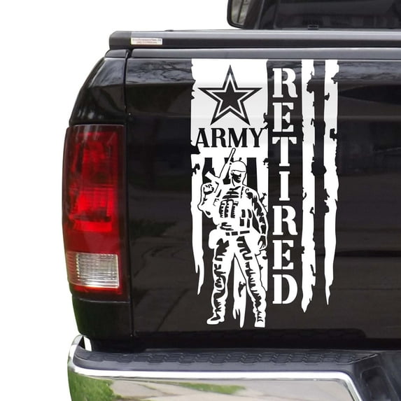 Soldier Retired Enlisted Man Veteran Fighter U.S. Army USAF USMC Distressed American US USA Flag Truck Tailgate Vinyl Decal fits Most Pickup Trucks Military Sticker (11" x 20", Matte White)