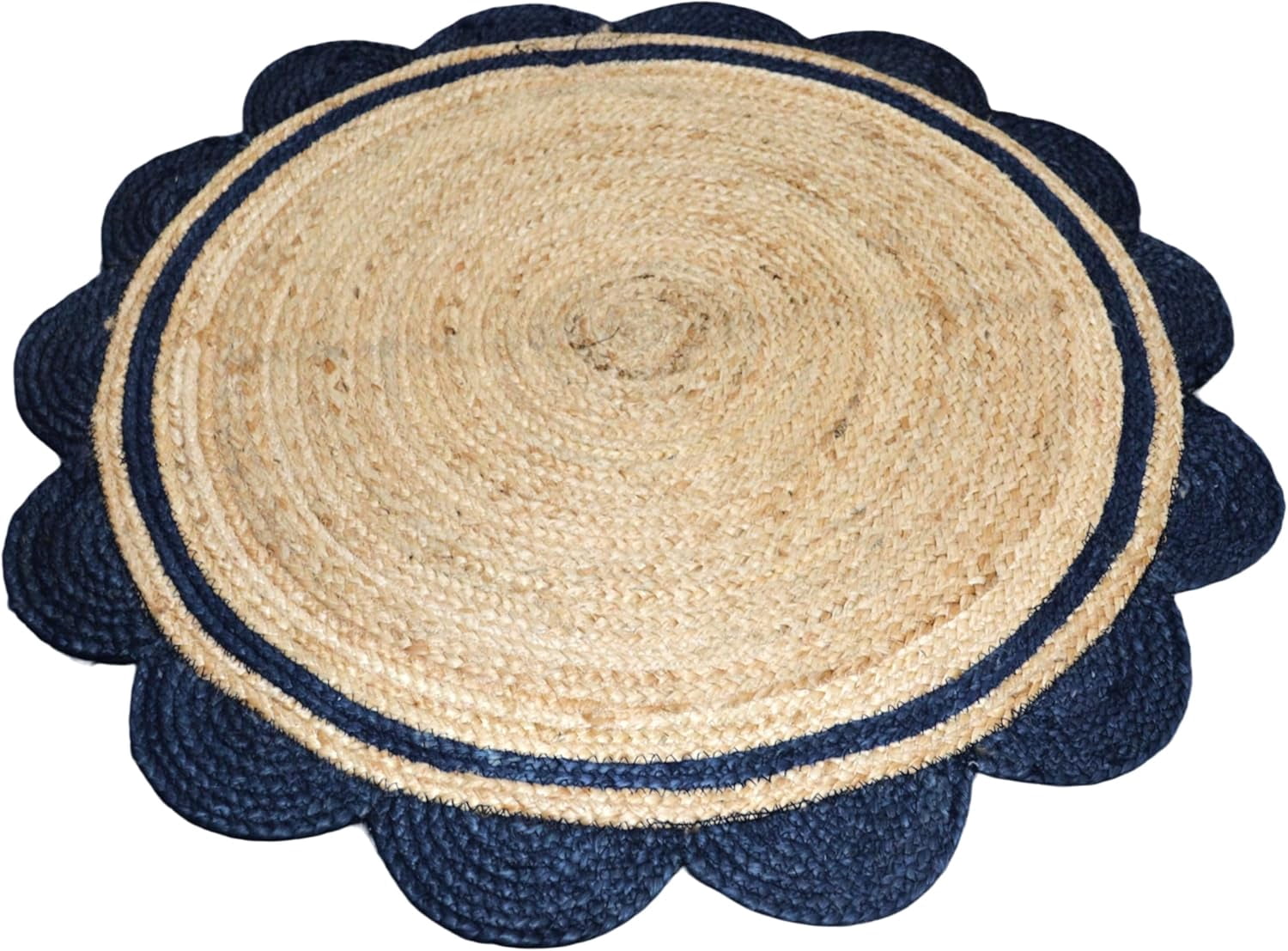 2 Ft Round Navy Blue & Natural Jute Premium Scalloped Jute Rug – Handcrafted Natural Braided Carpet for Living Room, Bedroom, Entryway – Boho Home Decor