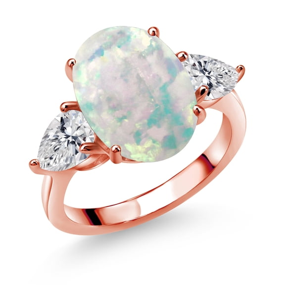 Gem Stone King 18K Rose Gold Plated Silver White Opal and Lab Grown Diamond Engagement Ring for Women | 5.54 Cttw | Oval Cabochon 14X10MM | Gemstone October Birthstone | Size 7