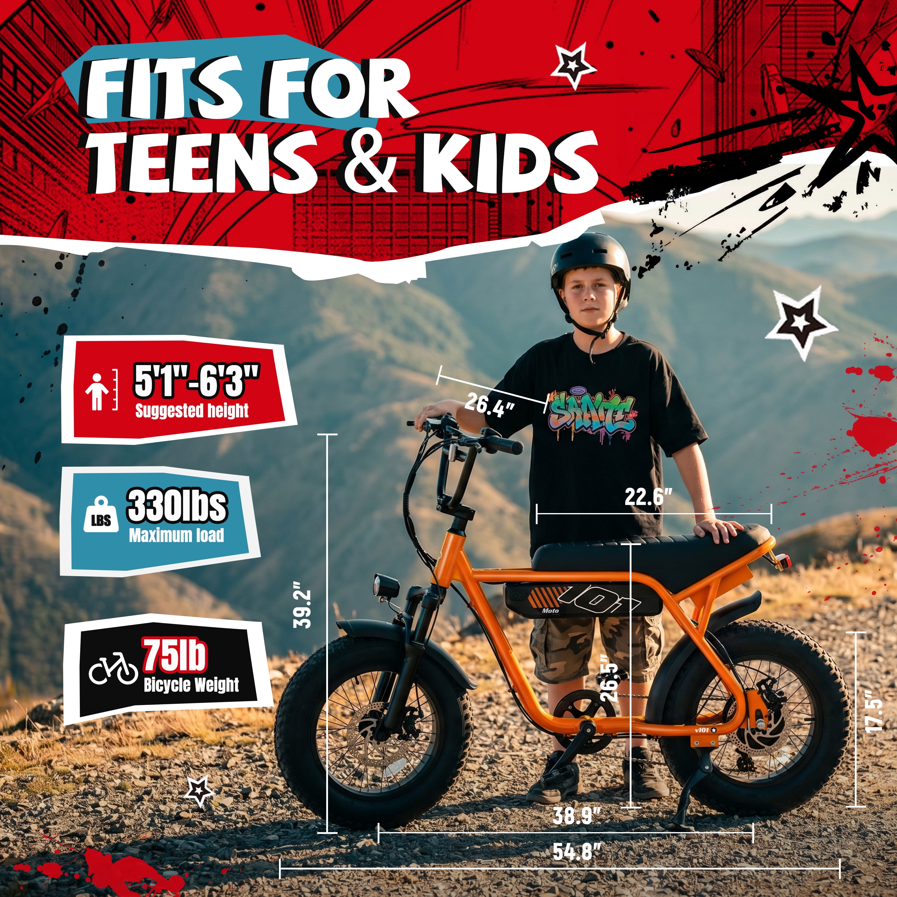 ESKUTE V101 Electric Bike for Adults & Teens 750W Peak 1500W, 28MPH, 48V 13Ah Battery, 16"x4.0" Fat Tire E-Bike, 7-Speed, Front Suspension, All-Terrain Ebike Orange, UL2849