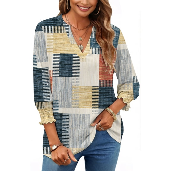 UVN Summer V Neck Womens Blouses Dressy Casual 3/4 Sleeve Shirts Ladies Tunic Tops