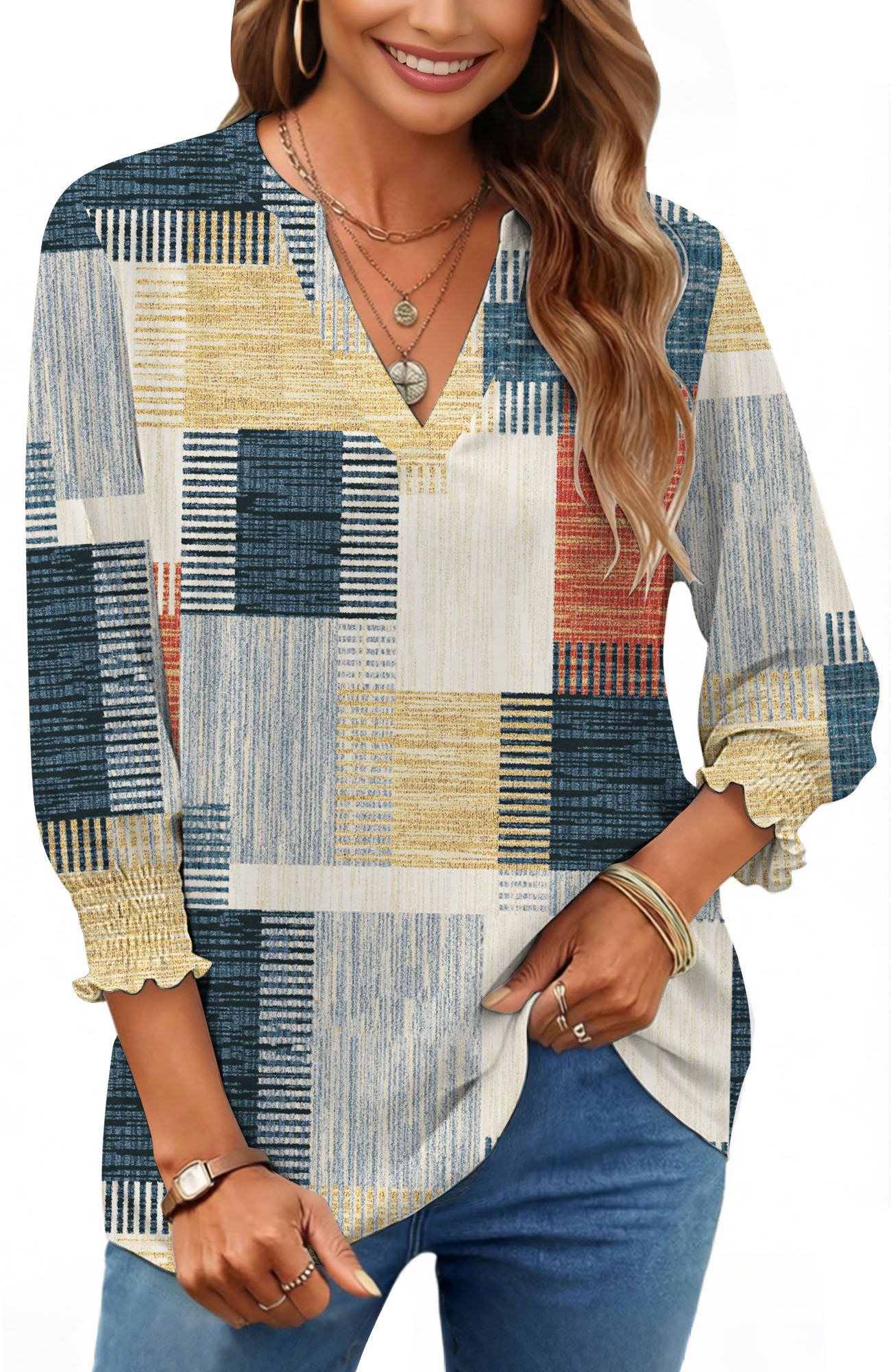 UVN Summer V Neck Womens Blouses Dressy Casual 3/4 Sleeve Shirts Ladies Tunic Tops