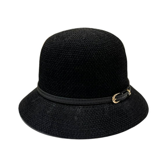Cloche Hats for Women Women Sunhat Foldable Breathable Faux Leather Buckle Summer Hand Woven Hat Black