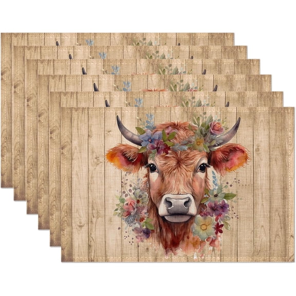Highland Cow Flower Placemats Set of 6, 12x18 Inch Waterproof Stain Resistant Linen Table Placemats Summer Seasonal Farmhouse Kitchen Party Decor Home Decor