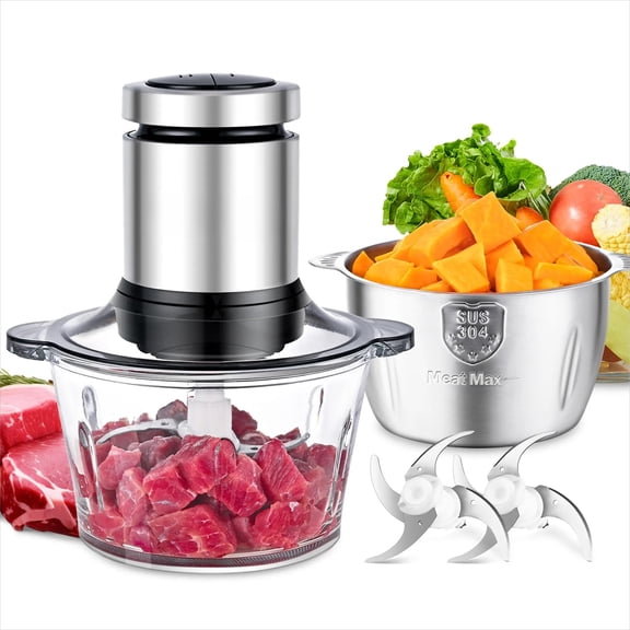 400W Food Processor & Electric Meat Grinder, 2-Speed Mini Food Chopper with 2L Glass & Stainless Steel Bowls, Bi-Level Blades for Meat, Vegetables, Nuts & Baby Food