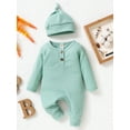 thumbnail image 2 of Arvbitana Infant Baby Boys Fall Clothes Waffle Rompers Round Neck Long Sleeve Solid Color Jumpsuits Casual Baby Bodysuits with Hat 0-18M, 2 of 9