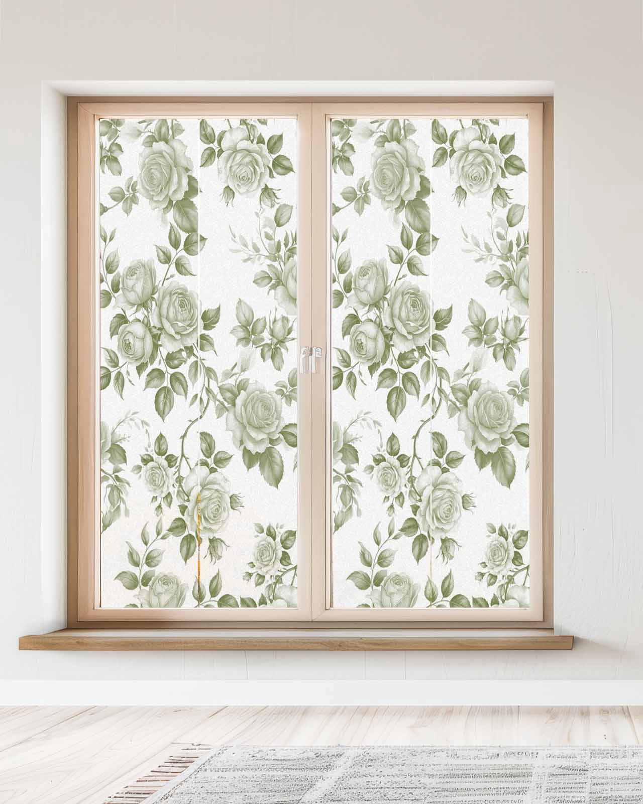 Window Privacy Film Sage Green Flower Stained Glass Window Film Decorative Sun Block Window Cover Vintage Country Rose Leaf Floral Window Clings Static Adhesive Sticker for Bathroom 23.6"x59"