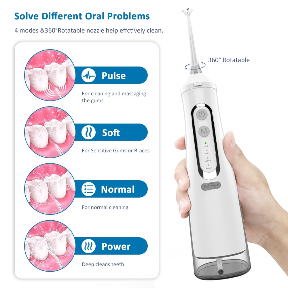 YEVYO Cordless Water Flosser Rechargeable, 4 Cleaning Modes, 310ml Water Tank, IPX7 Waterproof, Portable Water Dental Pick for Braces & Adults - White