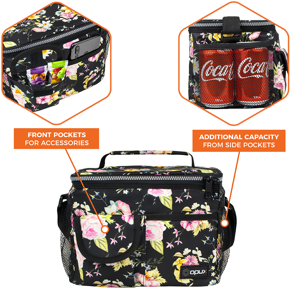 OPUX Insulated Lunch Bag for Men Women, Leakproof Thermal Lunch Box Work School, Soft Lunch Cooler Bag with Adjustable Shoulder Strap for Adult Kid Boy Girl, Reusable Lunch Pail, Black Floral - image 5 of 8