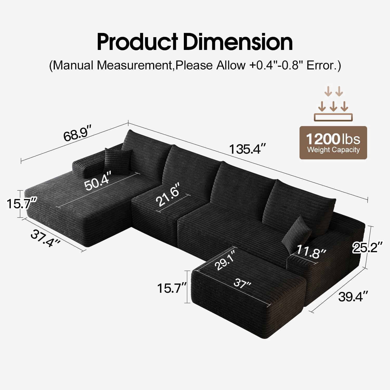 Sailvan 135" Cloud Sectional Couch, Cloudy Sofa with L-Shape Chaise & Ottoman, Upholstered Couches for Living Room & Bedroom, No Assembly Required, Plush Corduroy Fabric, Black