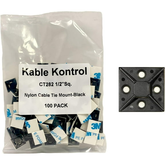 Kable Kontrol Adhesive Cable Tie Mounts - 1/2" Sq - UV Black Nylon - 100 pcs