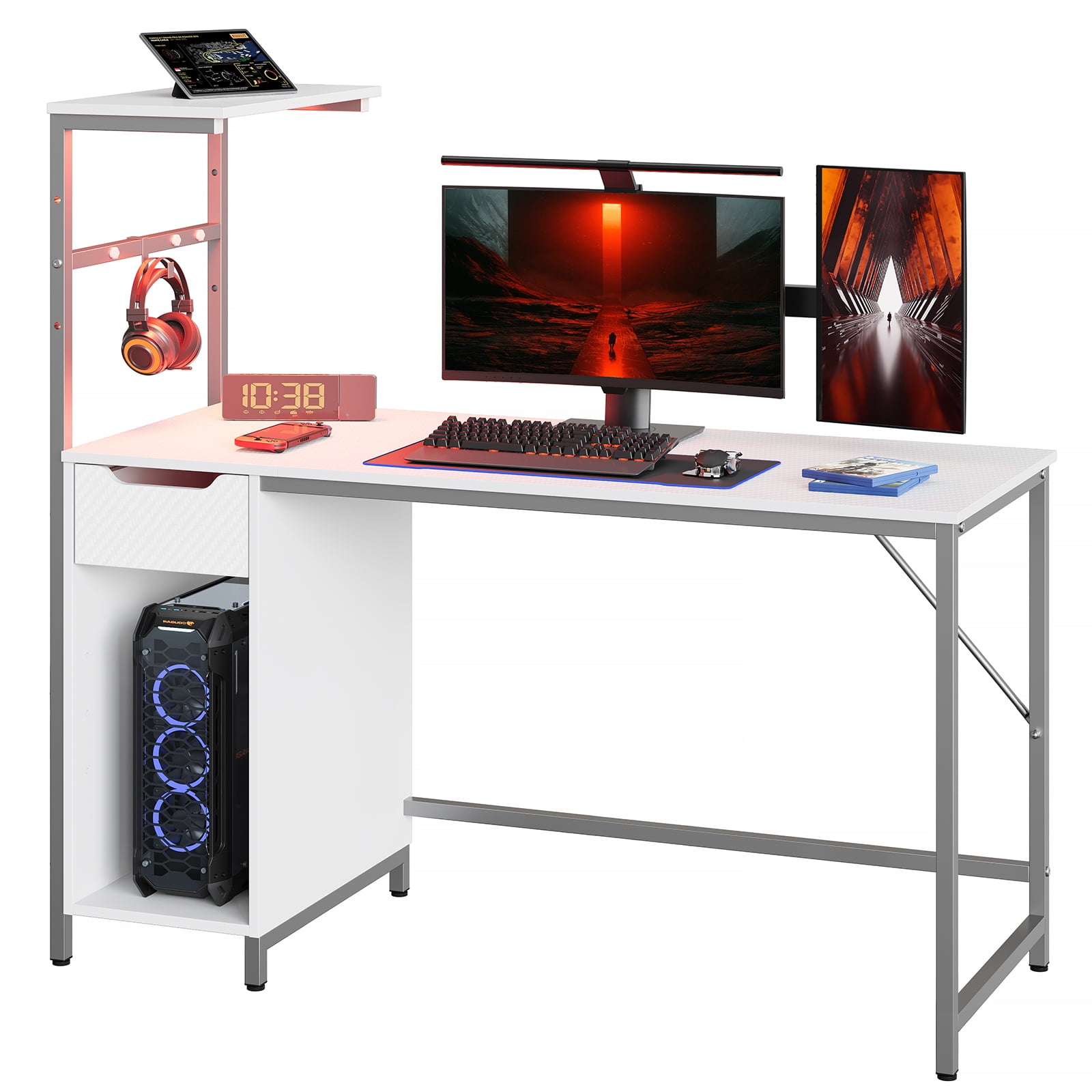 Bestier 48 inch LED Computer Gaming Desk with Drawer, Home Office PC Table with Storage Shelf in White