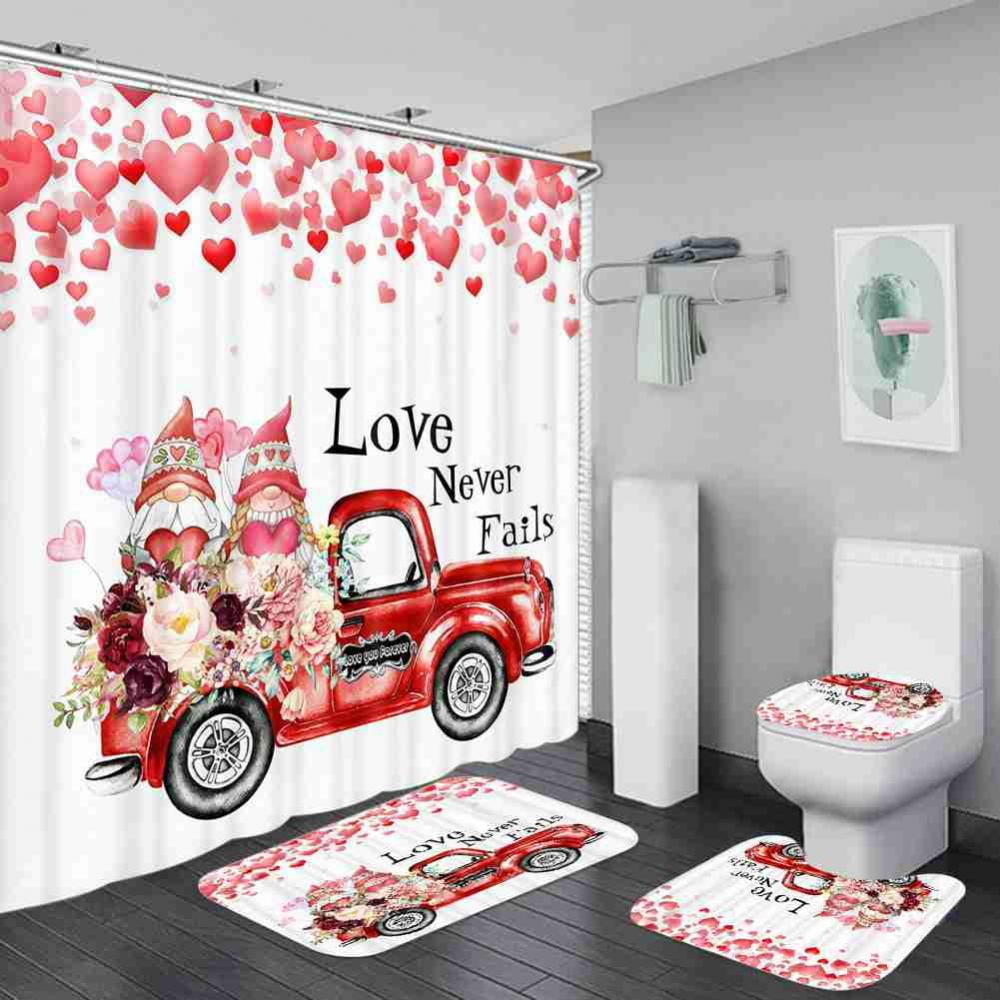 4 Pcs Bathroom Shower Curtain Set, Shower Curtain Valentine's Day ...