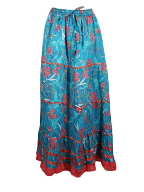 Mogul Women Blue Red A-Line Skirt Printed Cotton Summer Boho Chic Gypsy Skirts
