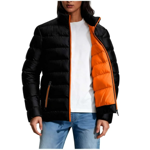 Women's Full-zip Puffer Jacket Zipper Pockets Plus Size Warm Cotton Padded Down Coat Stand Collar Winter Outerwear (XL, Orange)