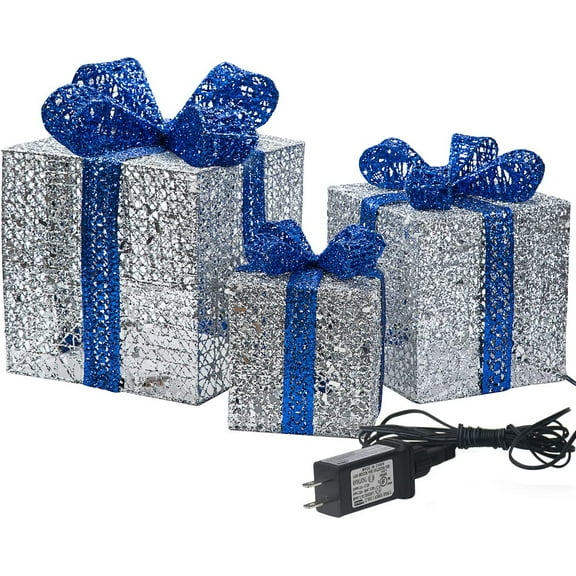 Bibana Set of 3 Christmas Lighted Gift Boxes, Plug-in Holiday Decor for Indoor & Outdoor, Yard, Wedding, and Home (Silver)