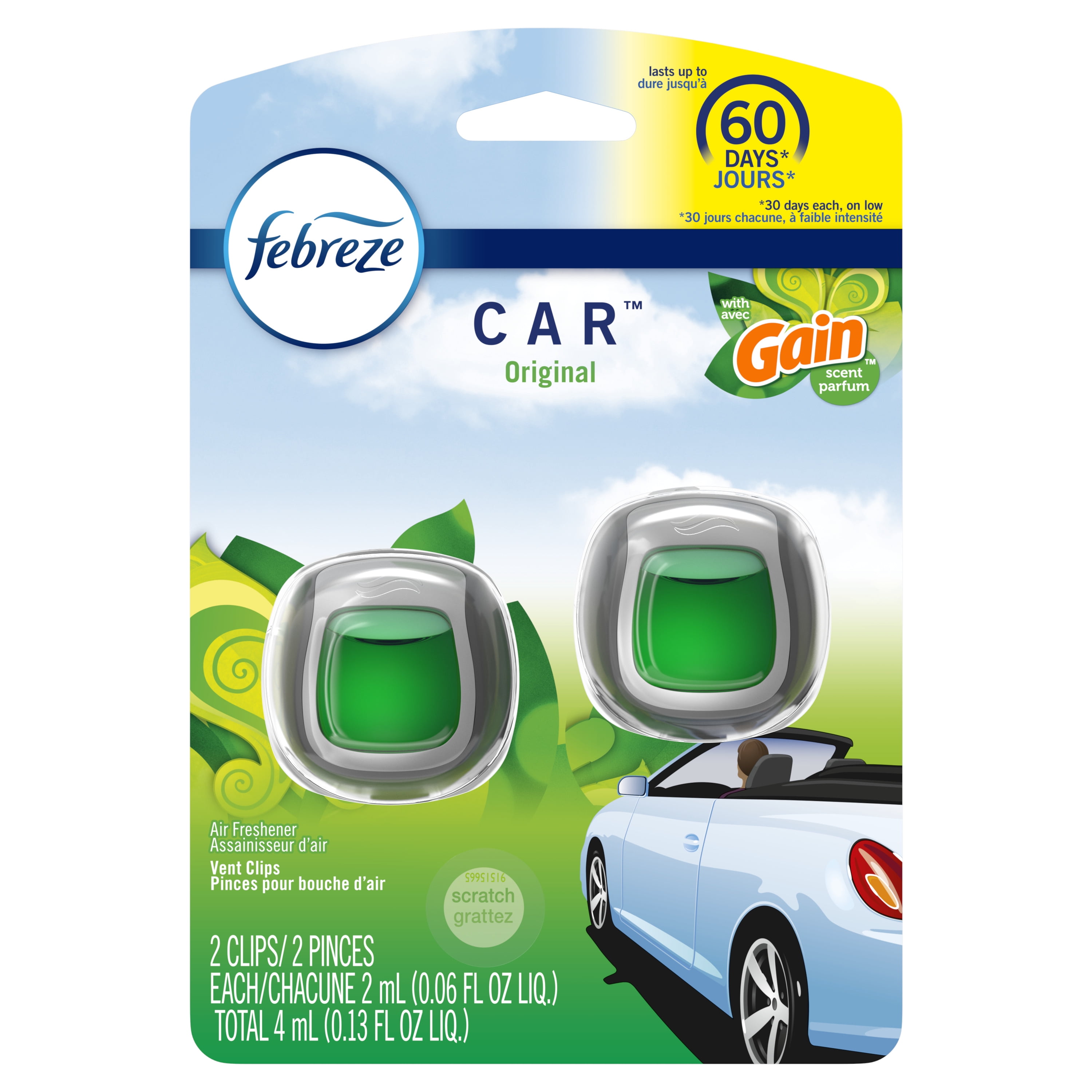 Febreze Car OdorEliminating Air Freshener, Gain Original, 2 Ct