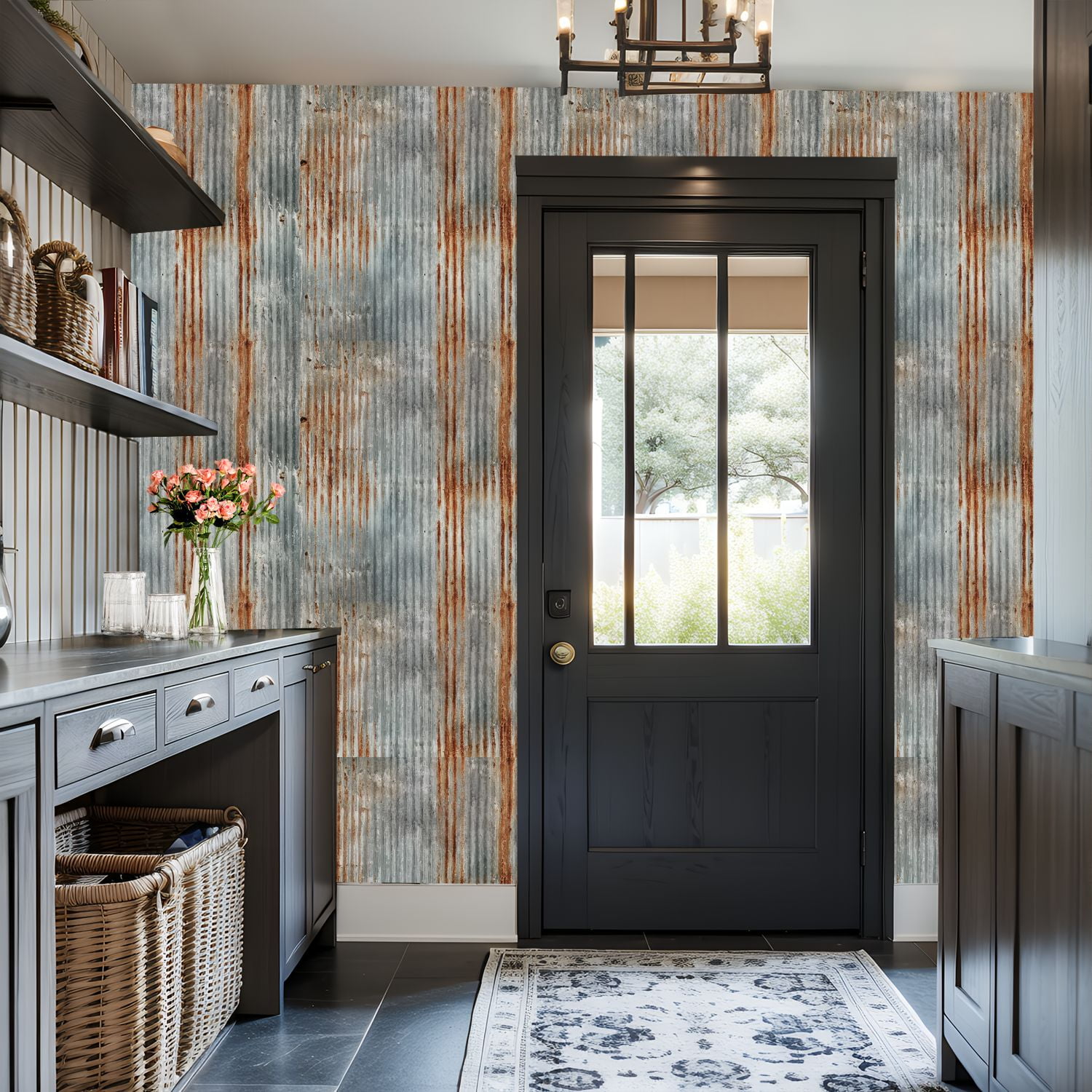 Modern Industrial Rusty Corrugated Metal Texture Vertical Ridges Weathered Wall Mural 17.7in x 9.8ft Self Adhesive Removable Wall Paper Renter Friendly Wallpaper for Bedroom Cabinets