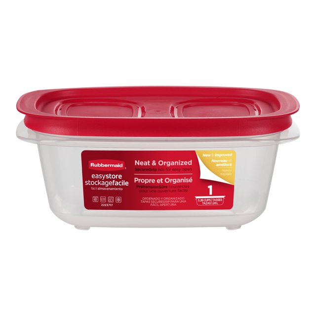 Rubbermaid EasyStore 5.26-cup rectangular clear plastic food container with red SecureGrip lid and product label