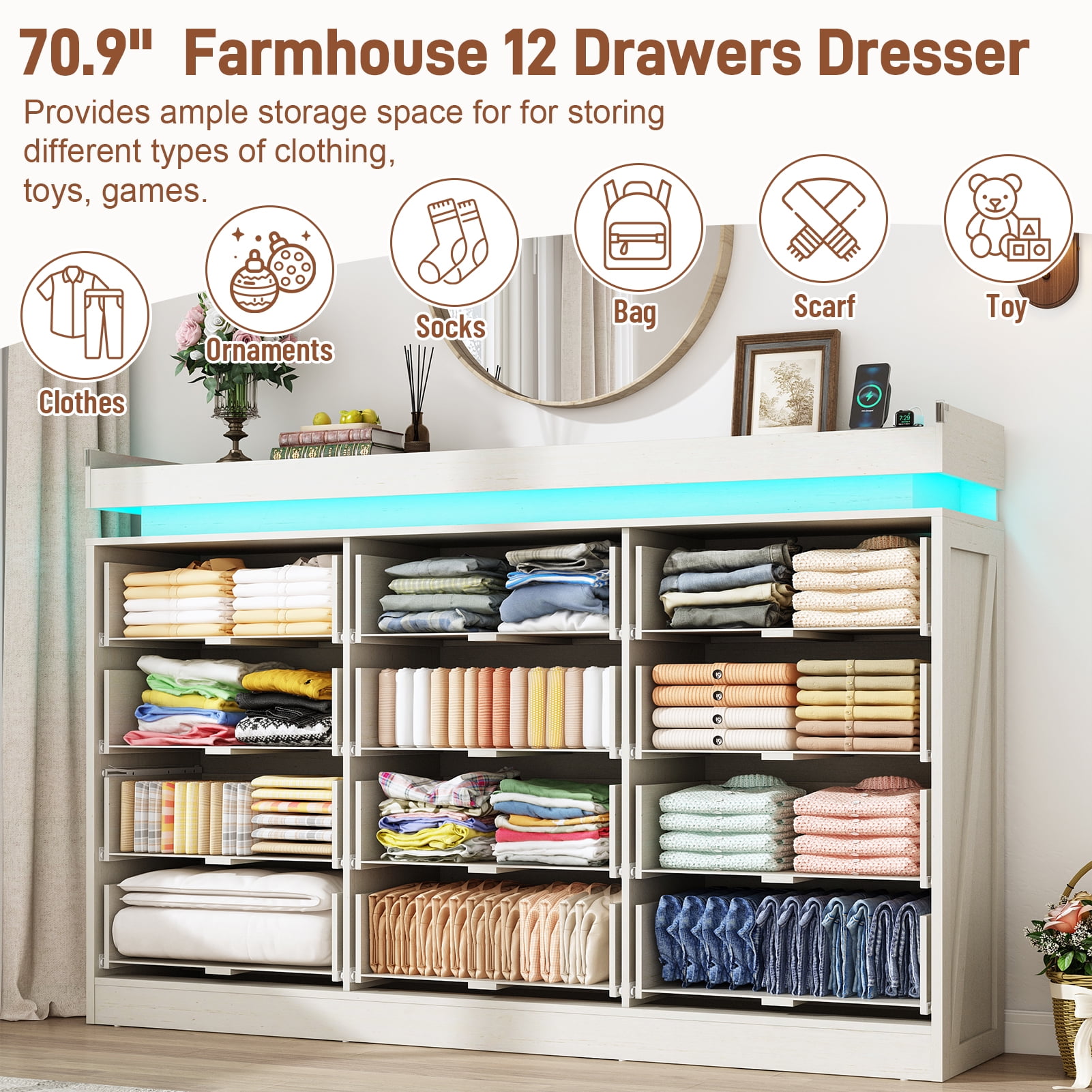 ChVans 12 Drawer Dresser with LED Light and Charging Station, 71" Wide 46" Tall Farmhouse Large Chest of Drawers for Closet, Large Wide Drawer Organizer Cabinet for Bedroom, Living Room