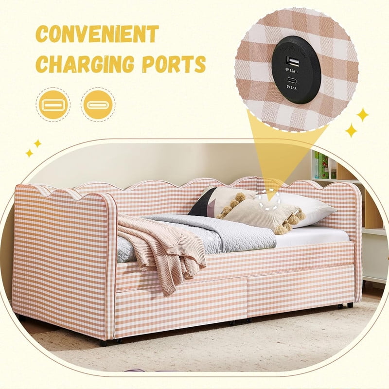 Cozy Full Size Daybed with 2 Storage Drawers and USB Charging Port, Linen Gingham Wave Shaped Sofa Bed for Living Room and Bedroom